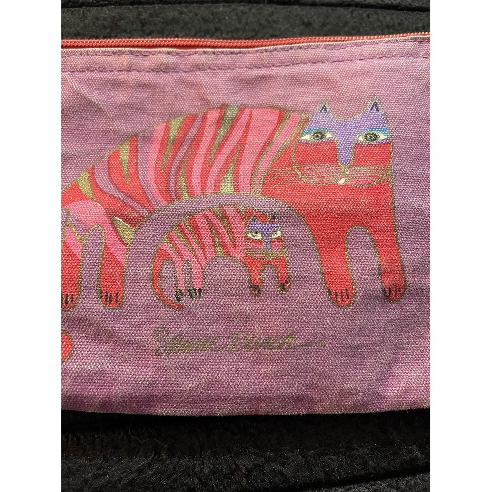 Laurel Burch Purple Canvas Bright Big Cat Small Cat Cosmetic Case Bag Clutch - Picture 2 of 7